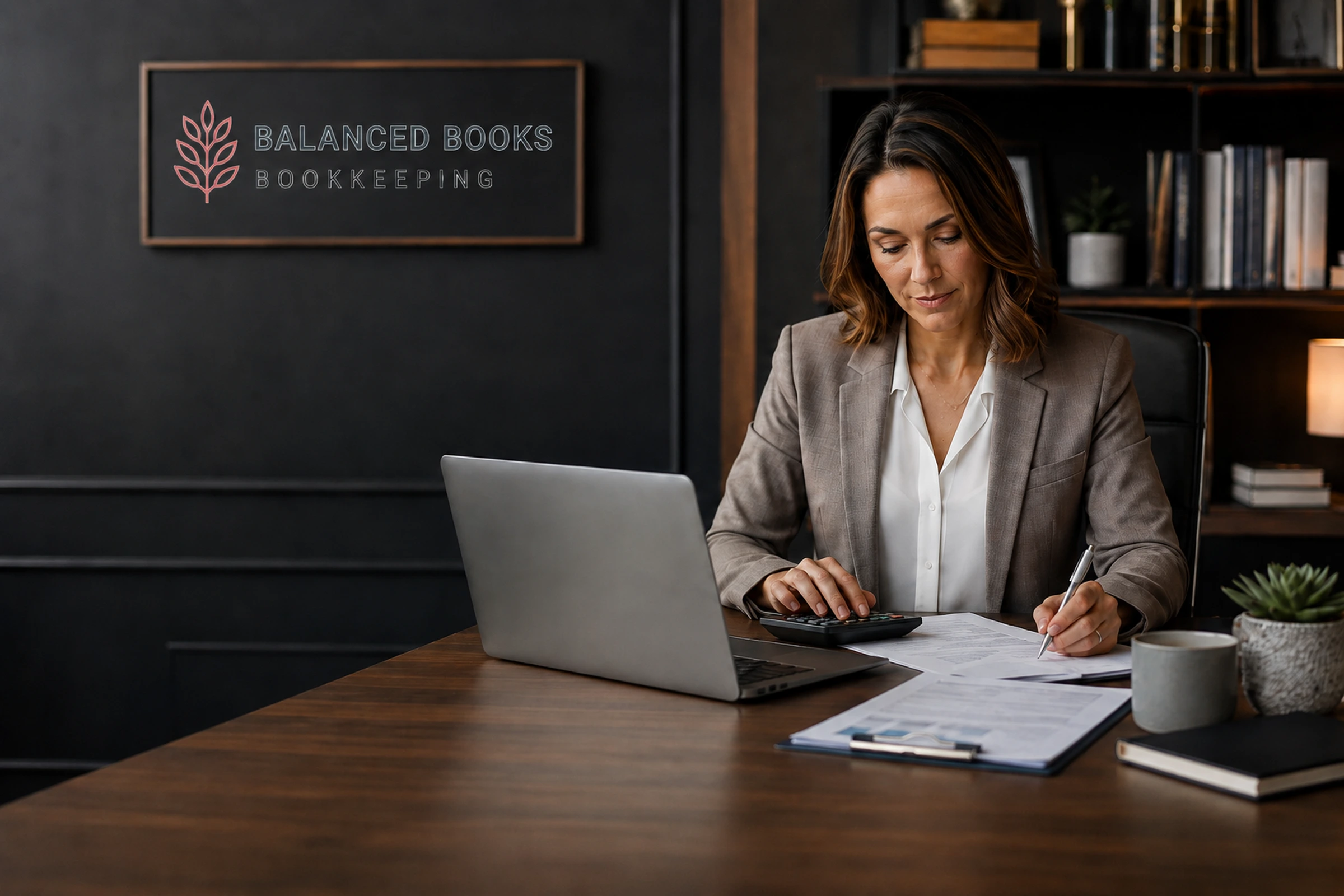 Professional bookkeeper working at a laptop