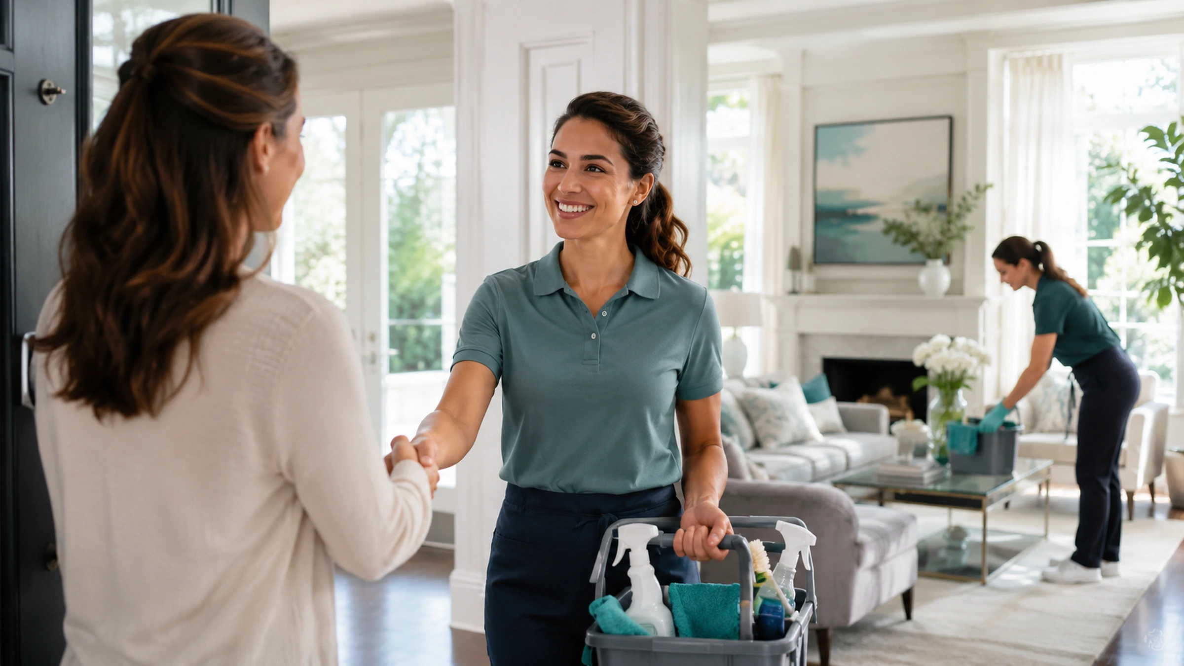 Professional cleaner greeting a client