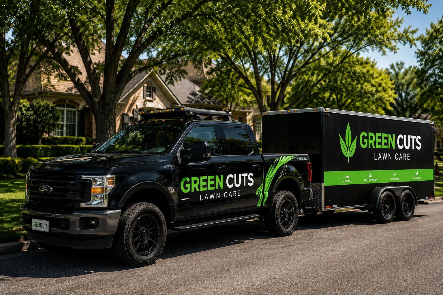 Branded lawn care truck and trailer website image