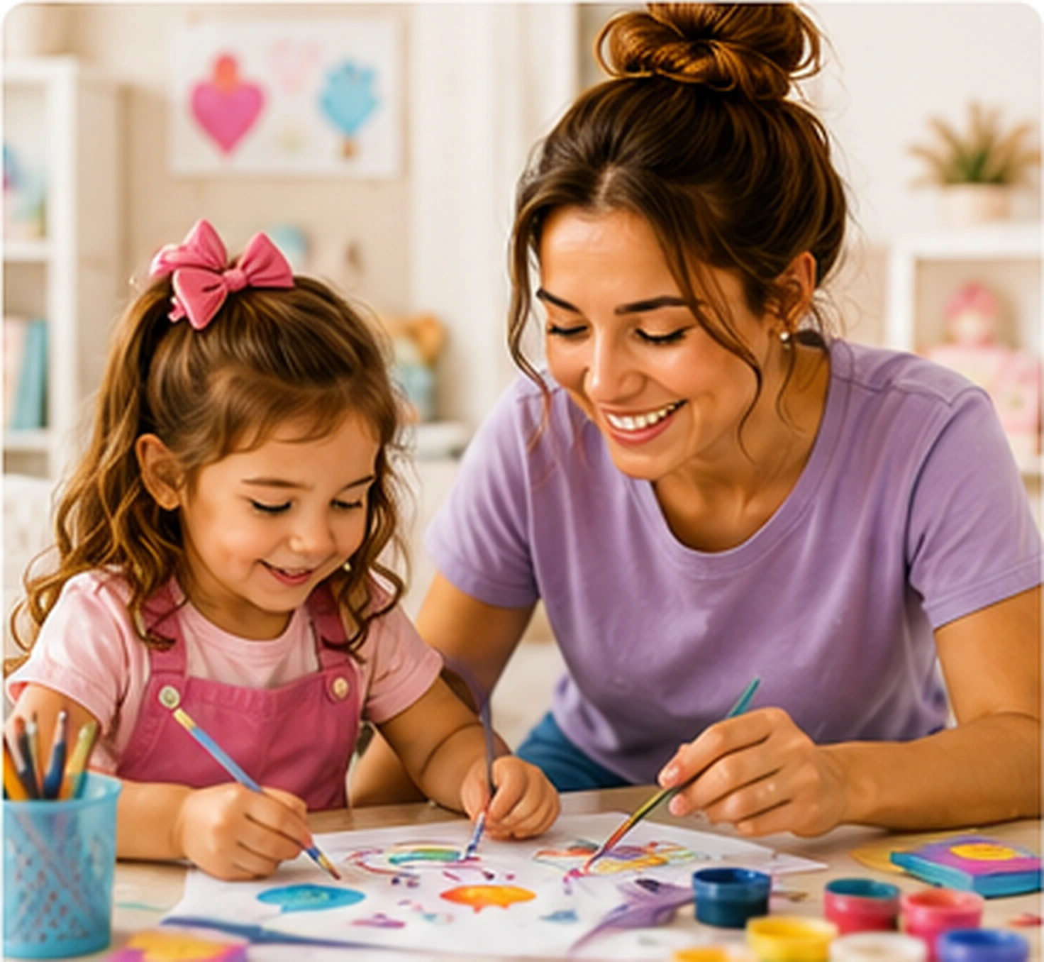 Babysitter creating art with a child