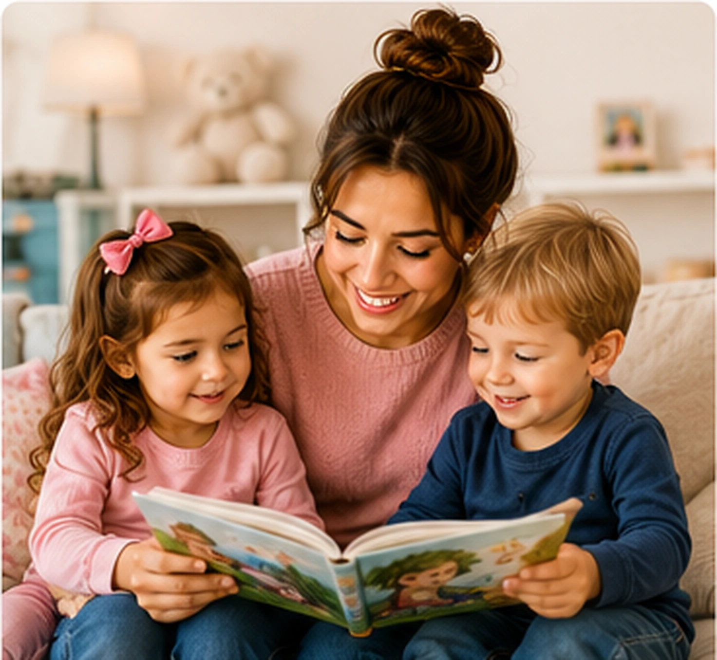 Babysitter reading a story with two children