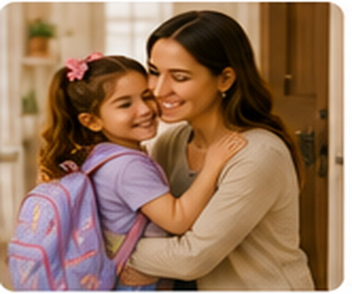 Parent greeting child after babysitting