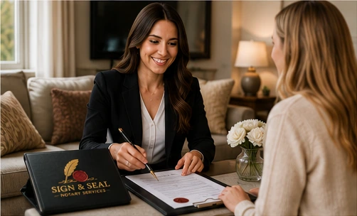 Mobile notary helping a client sign documents at home