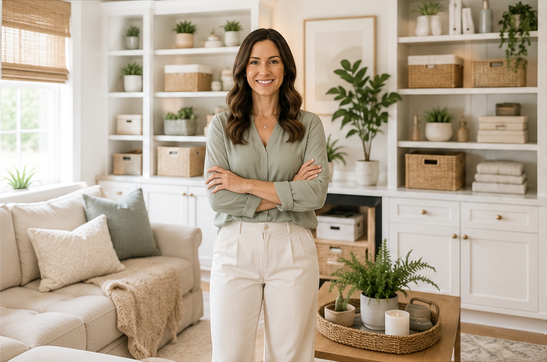 Professional home organizer in a bright, beautifully organized living room