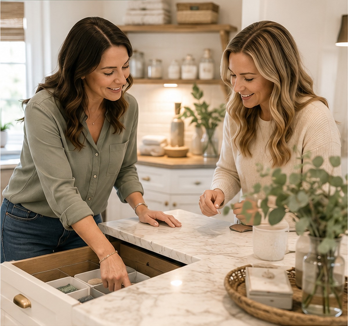 Home organizer helping a client create a functional kitchen drawer system
