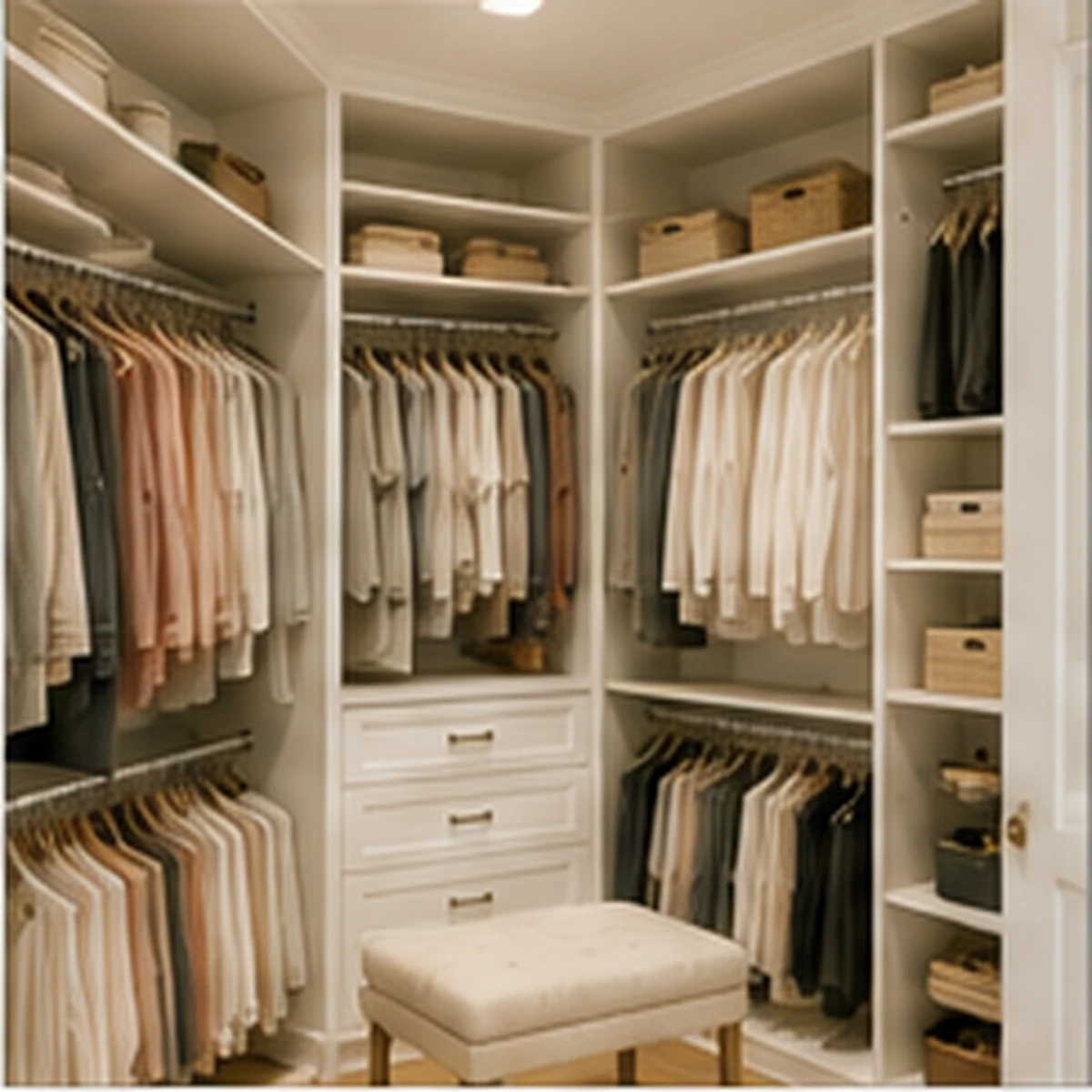 Organized neutral walk-in closet