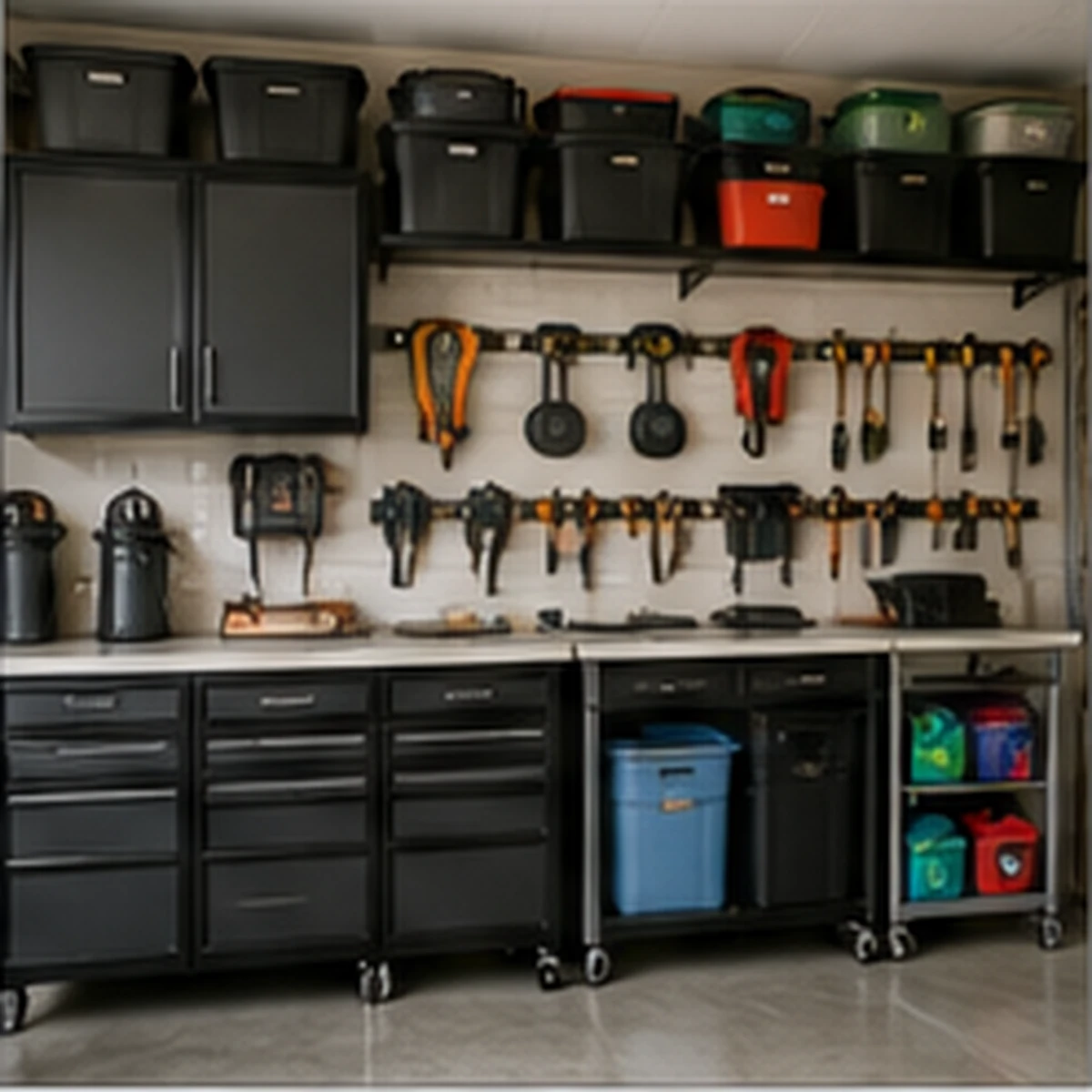 Organized garage workspace with cabinets and tool storage