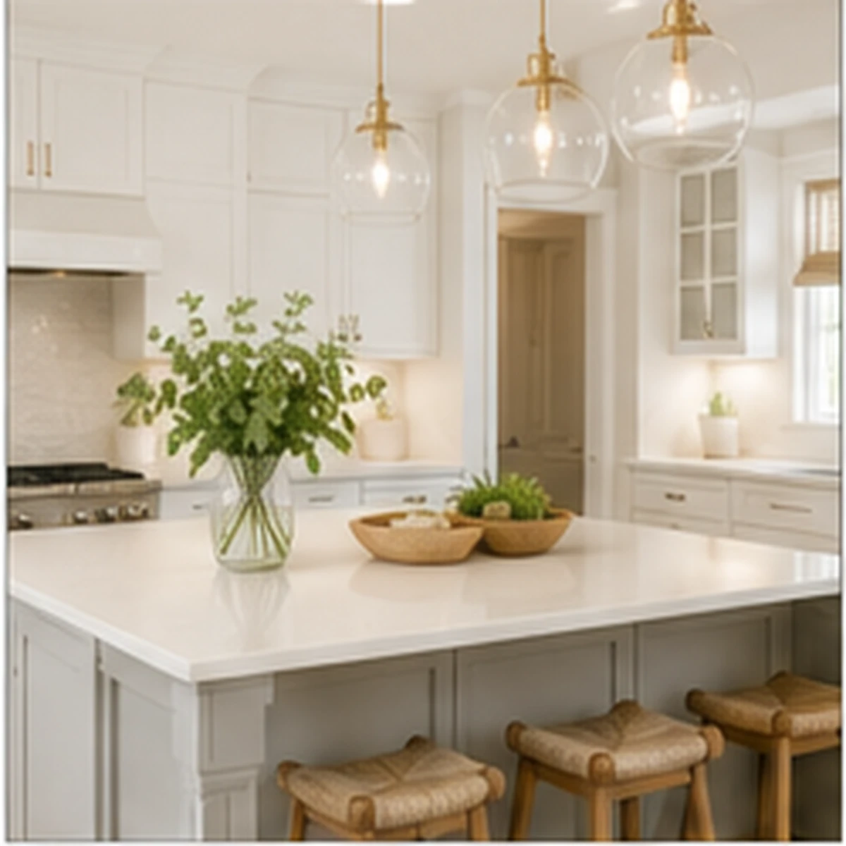 Bright organized kitchen with clear work surfaces