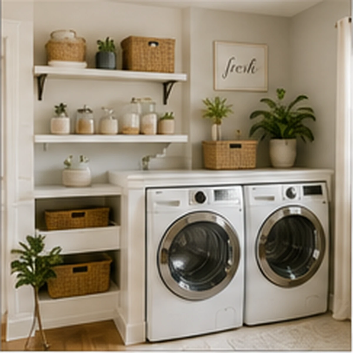 Organized laundry room with baskets and open shelving