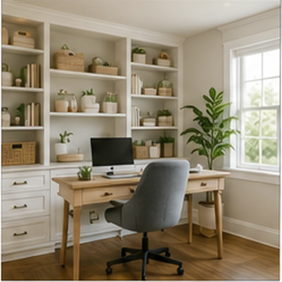 Organized home office with built-in shelving