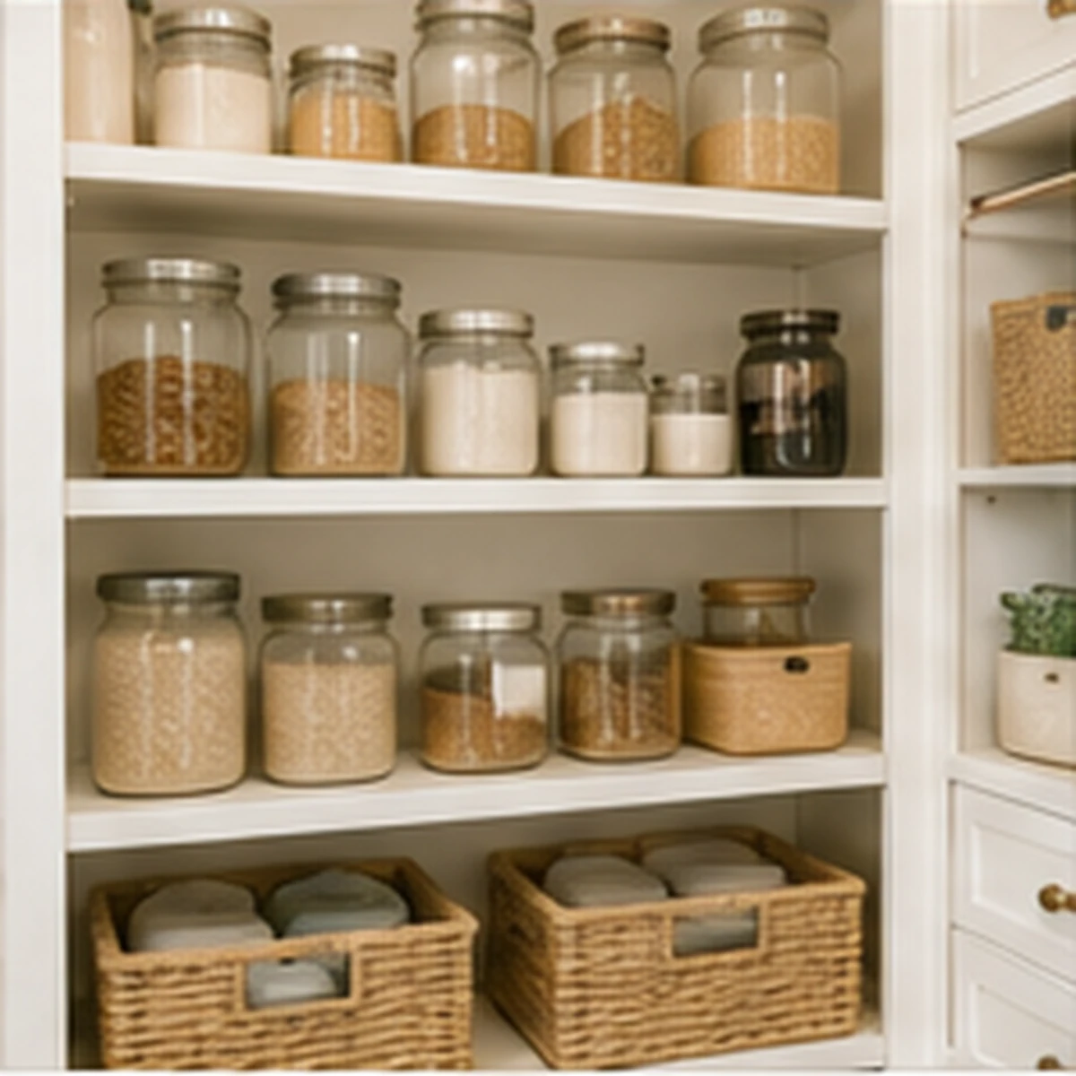 Organized pantry with labeled glass jars and woven baskets