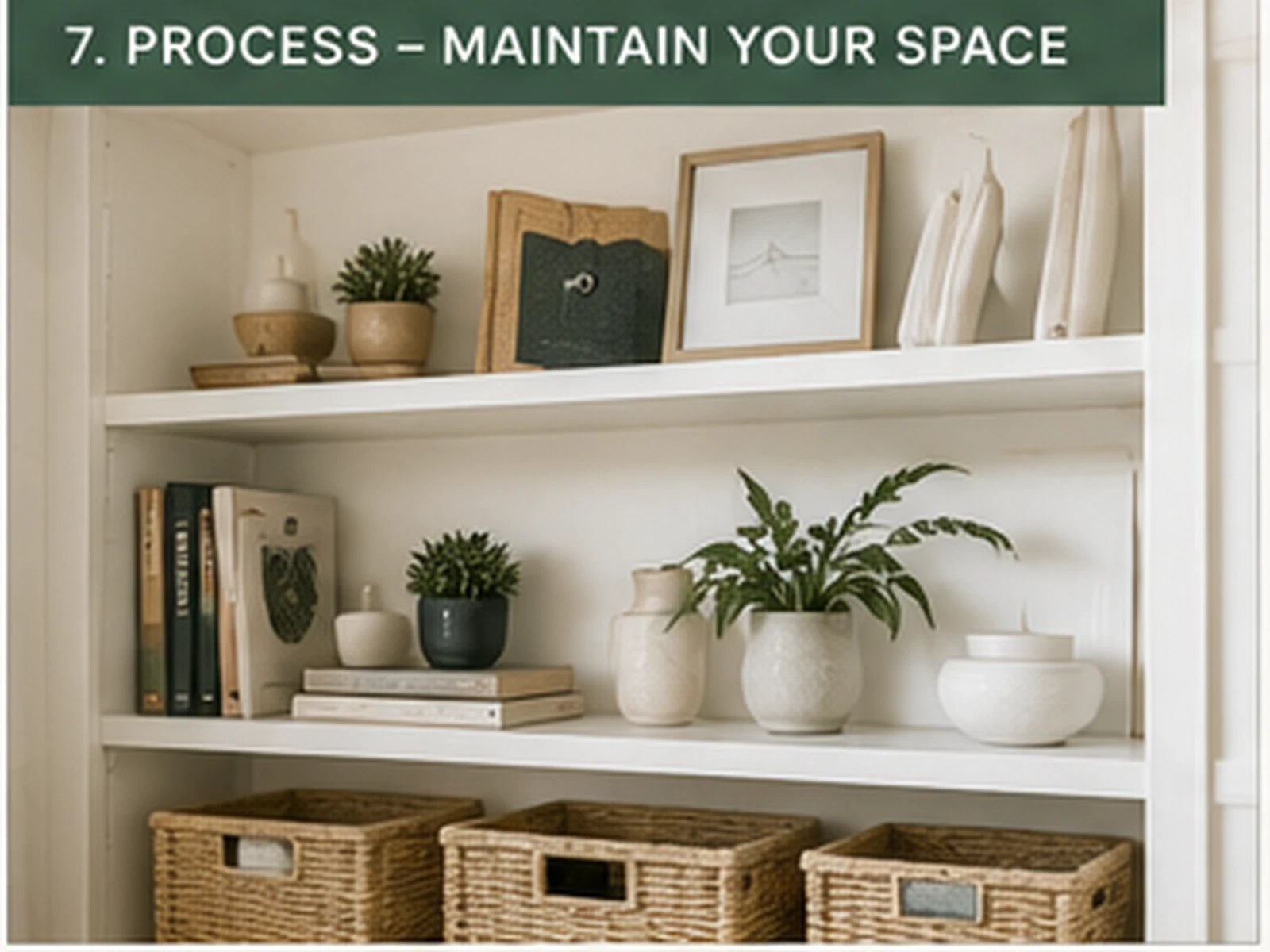 Neatly maintained shelves with baskets and decor