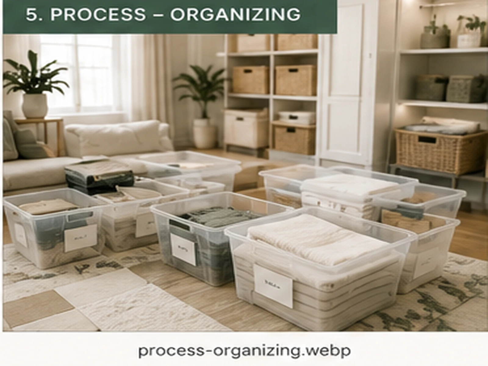 Clear storage bins prepared for a home organizing session
