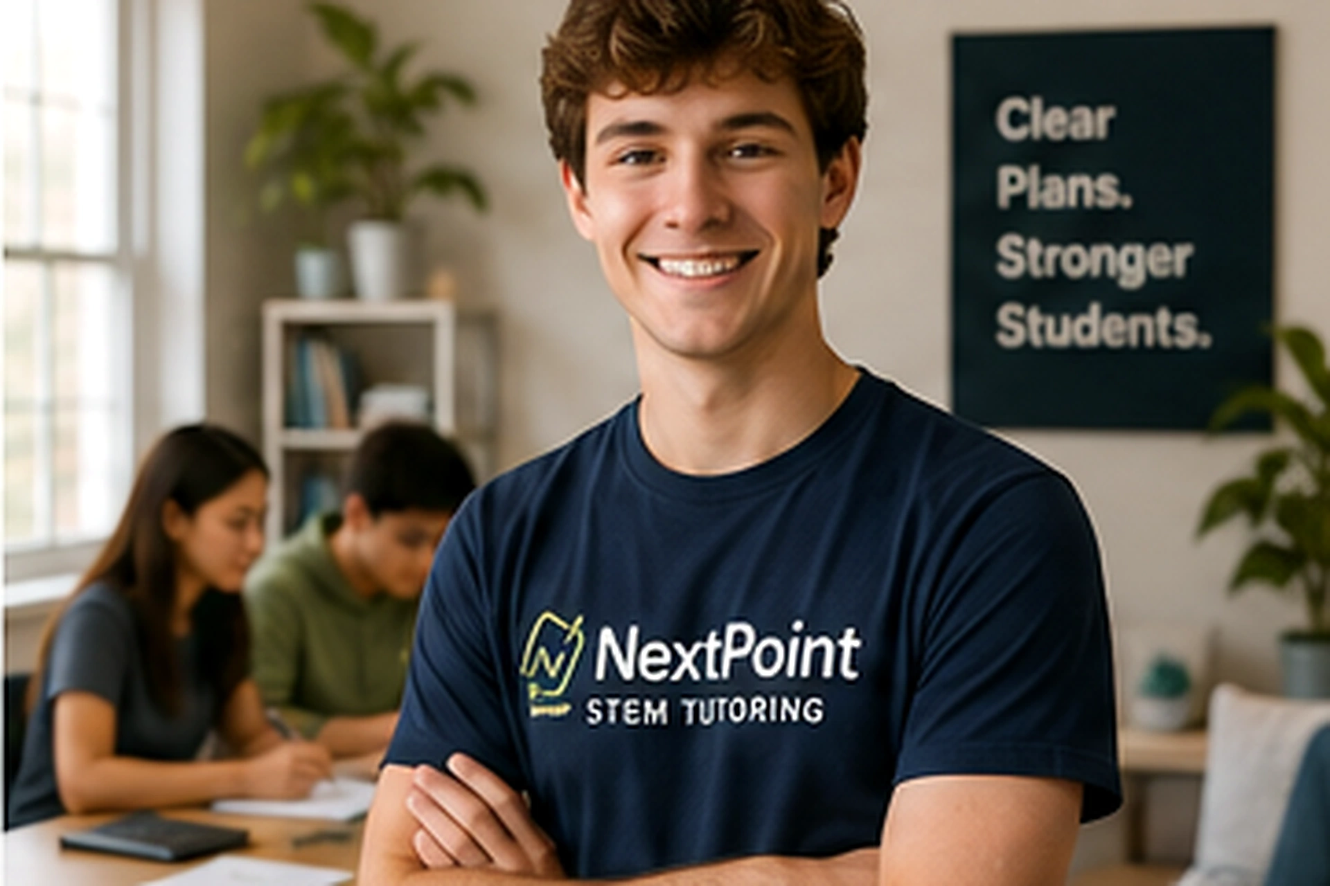 College student founder of a tutoring company in a refined learning studio with students working in the background.