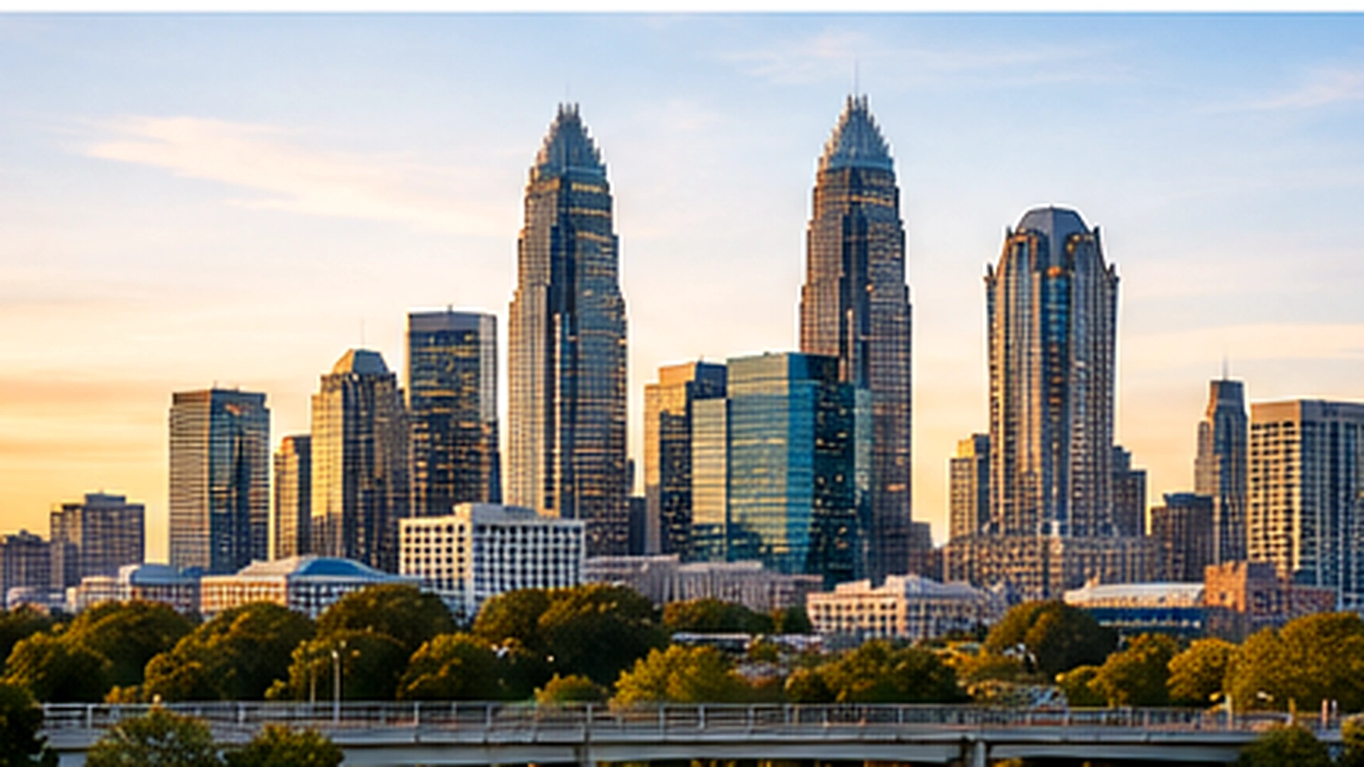 Charlotte, North Carolina skyline in warm evening light.