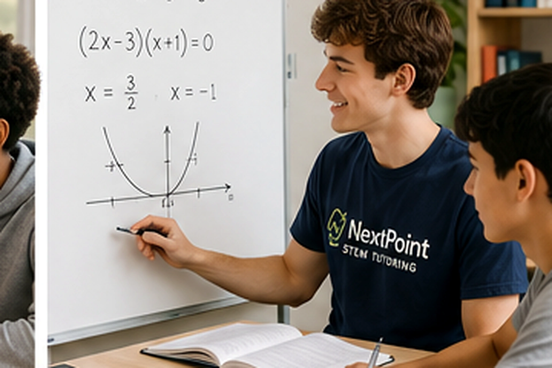 Tutor explaining algebra and graph concepts to a high school student at a whiteboard.