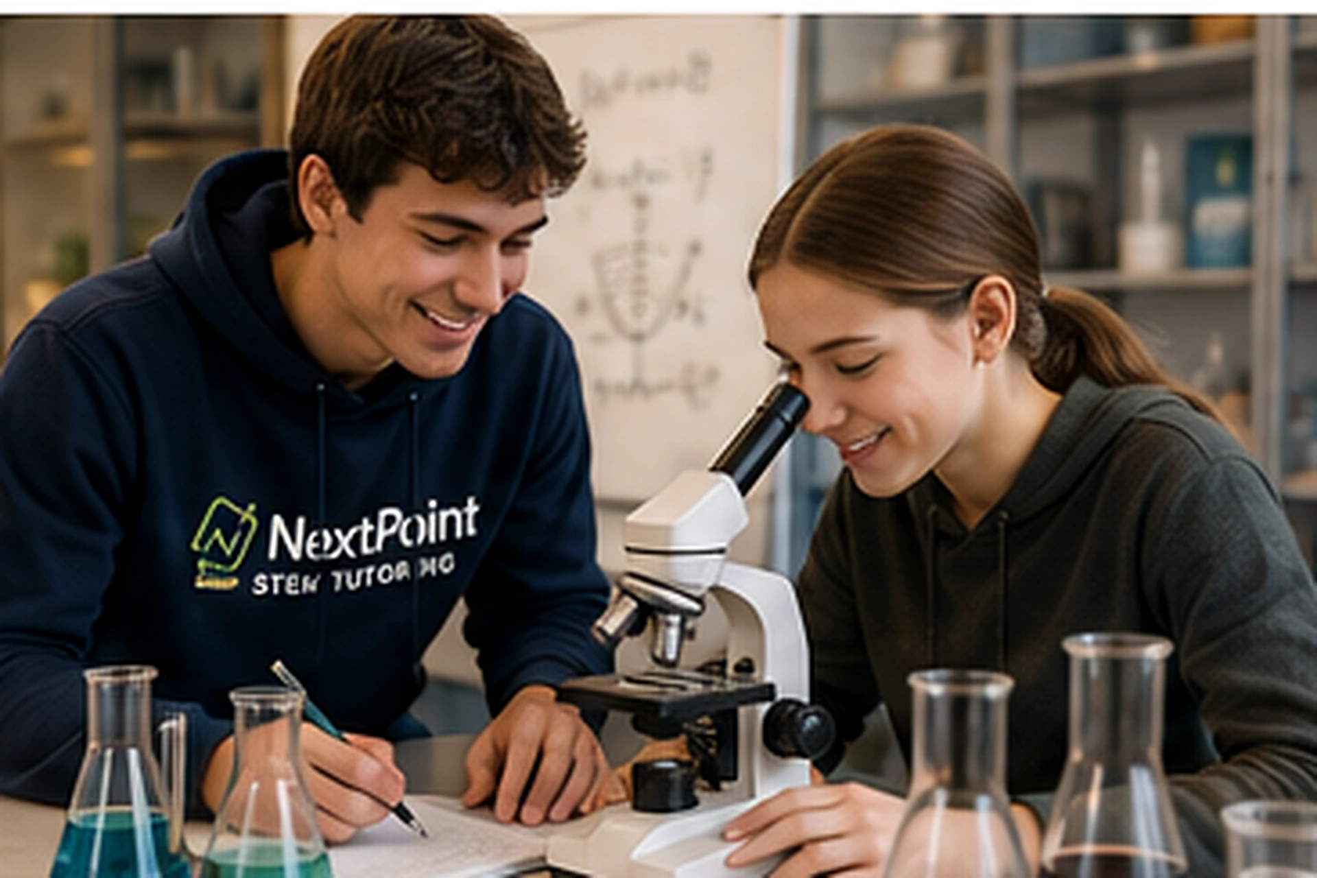 Tutor guiding a student through a microscope-based science lesson in a modern study lab.