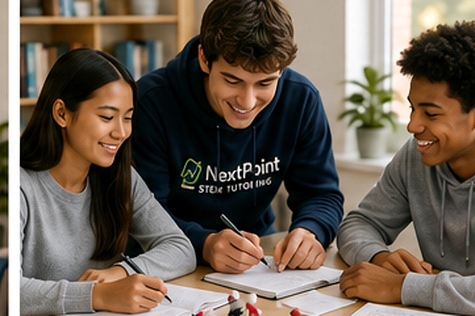 College-age tutor guiding two students through math and science coursework at a collaborative study table.